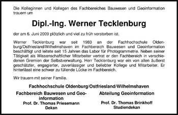 Traueranzeige von Werner Tecklenburg von Nordwest-Zeitung