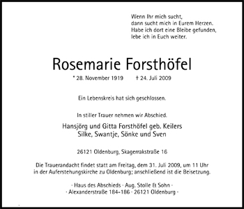 Traueranzeige von Rosemarie Forsthöfel von Nordwest-Zeitung