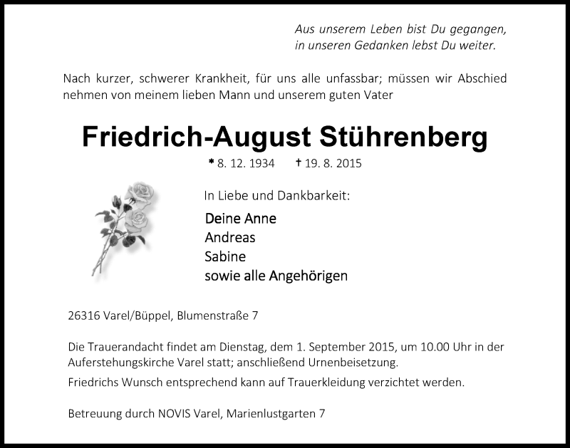  Traueranzeige für Friedrich-August Stührenberg vom 29.08.2015 aus Nordwest-Zeitung