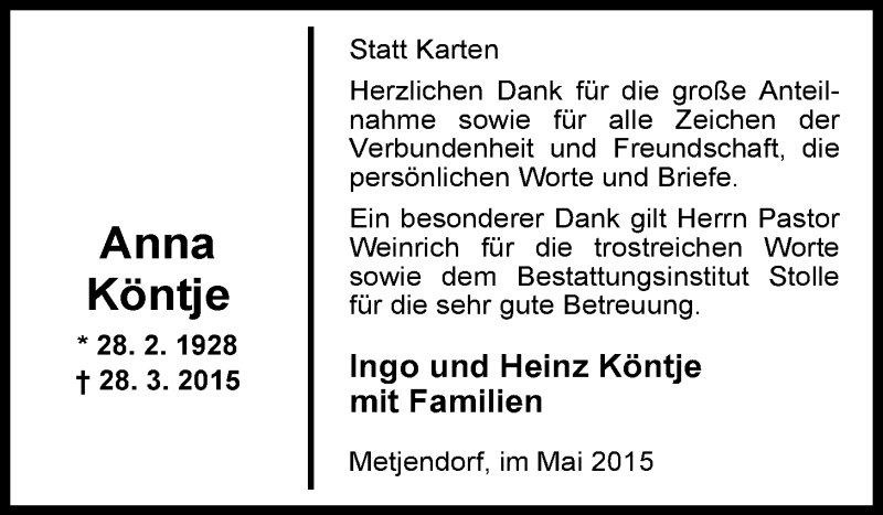  Traueranzeige für Anna Frieda Köntje vom 23.05.2015 aus Nordwest-Zeitung
