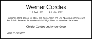 Traueranzeige von Werner Cordes von Nordwest-Zeitung