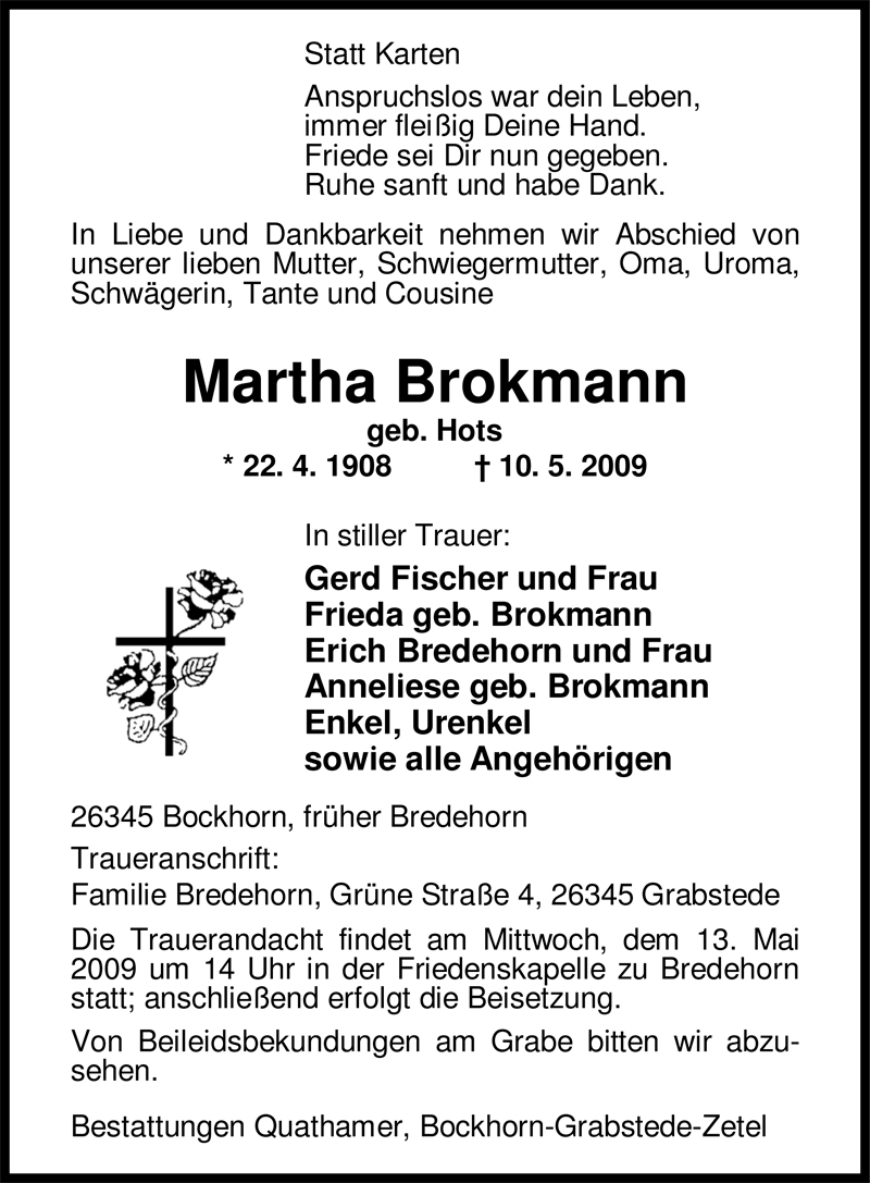  Traueranzeige für Martha Brokmann vom 11.05.2009 aus Nordwest-Zeitung