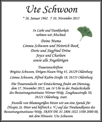 Traueranzeige von Ute Schwoon von Nordwest-Zeitung