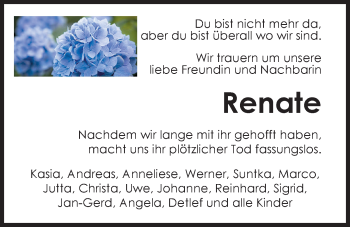 Traueranzeige von Renate Altwein von Nordwest-Zeitung