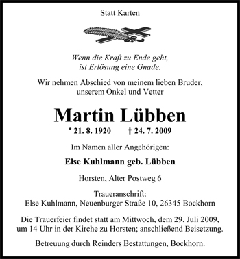 Traueranzeige von Martin Lübben von Nordwest-Zeitung