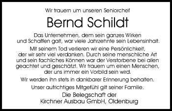 Traueranzeige von Bernd Schildt von Nordwest-Zeitung