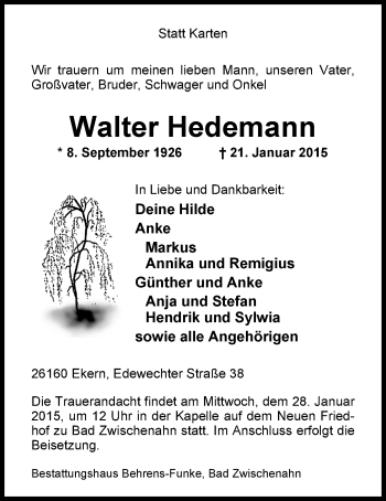 Traueranzeige von Walter Hedemann von Nordwest-Zeitung