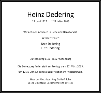 Traueranzeige von Heinz Dedering von Nordwest-Zeitung