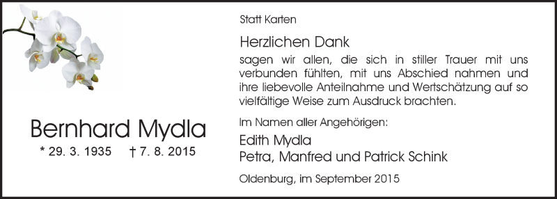  Traueranzeige für Bernhard Mydla vom 12.09.2015 aus Nordwest-Zeitung