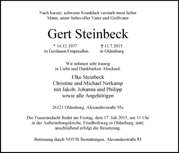 Traueranzeige von Gert Steinbeck von Nordwest-Zeitung