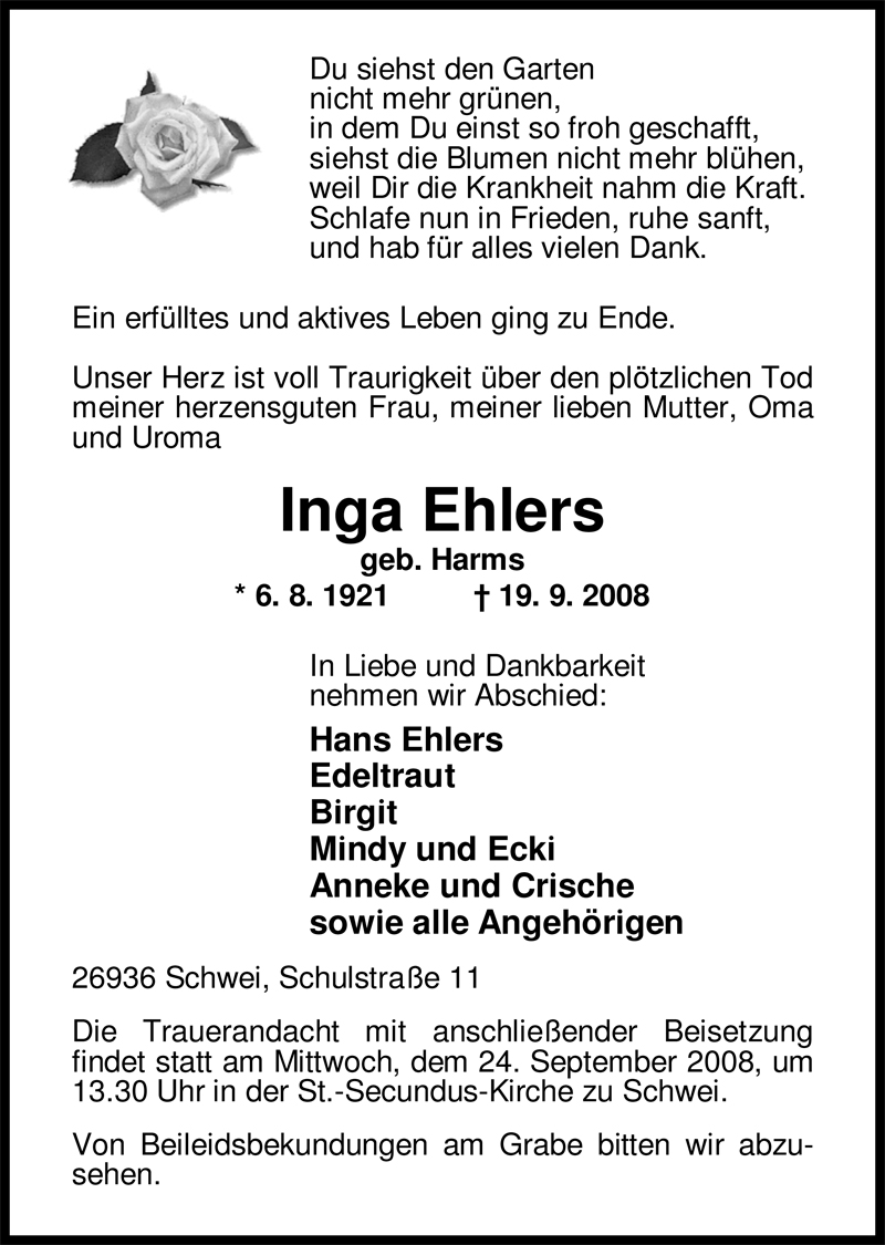 Traueranzeige für Inga Ehlers vom 22.09.2008 aus Nordwest-Zeitung