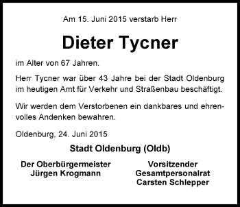 Traueranzeige von Dieter Tycner von Nordwest-Zeitung