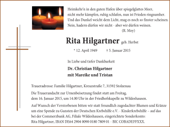 Traueranzeige von Rita Hilgartner von Nordwest-Zeitung