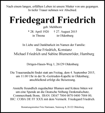 Traueranzeige von Friedegard Friedrich von Nordwest-Zeitung