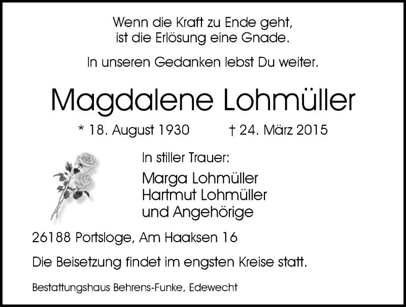  Traueranzeige für Magdalene Lohmüller vom 28.03.2015 aus Nordwest-Zeitung