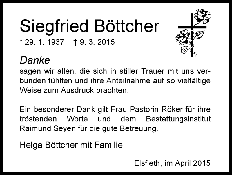  Traueranzeige für Siegfried Böttcher vom 04.04.2015 aus Nordwest-Zeitung