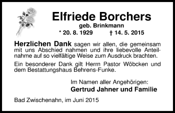 Traueranzeige von Elfriede Borchers von Nordwest-Zeitung