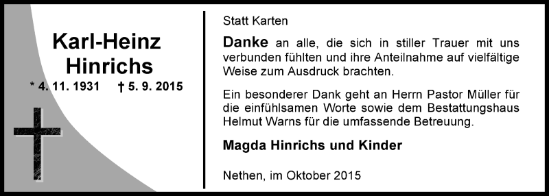  Traueranzeige für Karl-Heinz Hinrichs vom 17.10.2015 aus Nordwest-Zeitung