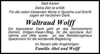 Traueranzeige von Waltraud Wolff von Nordwest-Zeitung