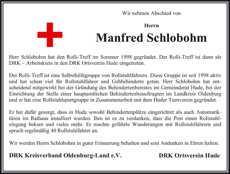  Traueranzeige für Manfred Schlobohm vom 21.07.2009 aus Nordwest-Zeitung