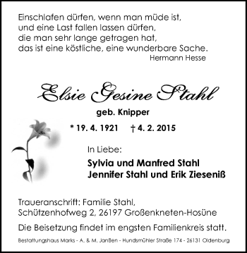 Traueranzeige von Elsie Gesine Stahl von Nordwest-Zeitung