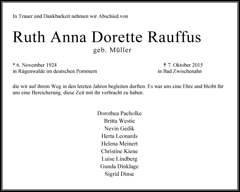  Traueranzeige für Ruth Anna Dorette Rauffus vom 12.10.2015 aus Nordwest-Zeitung
