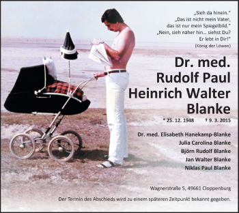 Traueranzeige von Dr. Rudolf Paul Heinrich Blanke von Nordwest-Zeitung
