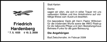 Traueranzeige von Friedrich Hardenberg von Nordwest-Zeitung