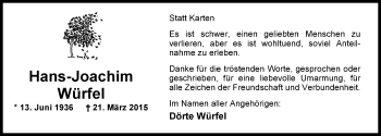 Traueranzeige von Hans-Joachim Würfel von Nordwest-Zeitung