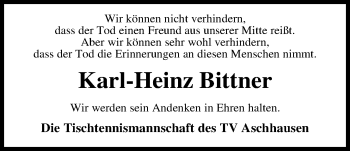 Traueranzeige von Karl-Heinz Bittner von Nordwest-Zeitung