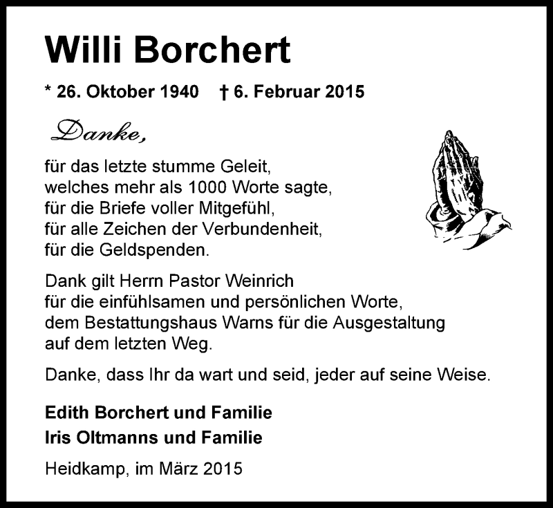  Traueranzeige für Willi Borchert vom 07.03.2015 aus Nordwest-Zeitung
