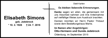 Traueranzeige von Elisabeth Simons von Nordwest-Zeitung