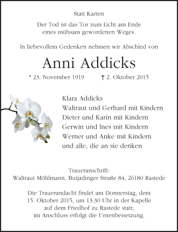 Traueranzeige von Anni Addicks von Nordwest-Zeitung