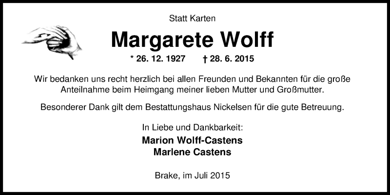  Traueranzeige für Margarete Wolff vom 24.07.2015 aus Nordwest-Zeitung