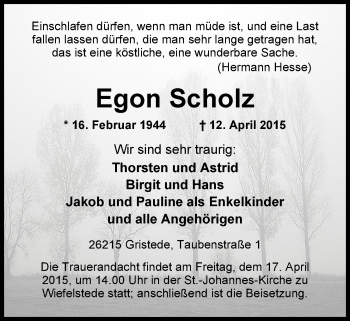 Traueranzeige von Egon Scholz von Nordwest-Zeitung