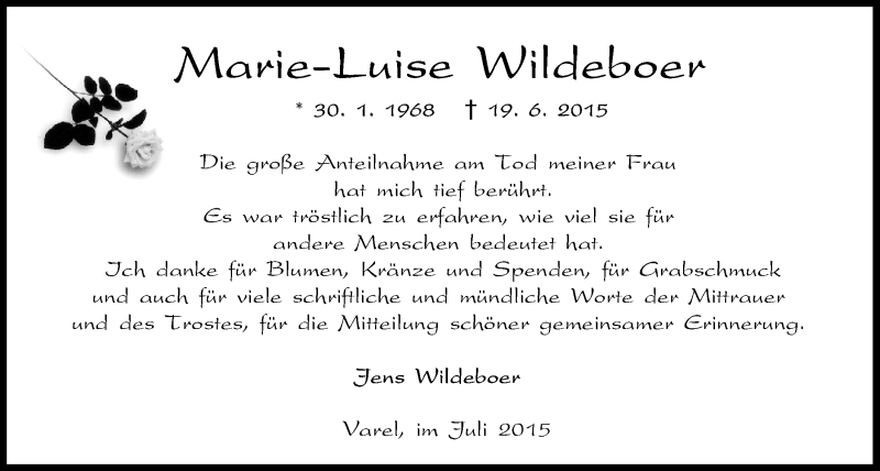  Traueranzeige für Marie-Luise Wildeboer vom 18.07.2015 aus Nordwest-Zeitung