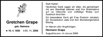 Traueranzeige von Gretchen Grape von Nordwest-Zeitung