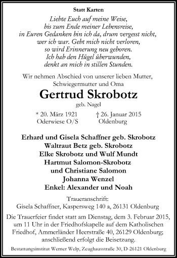 Traueranzeige von Gertrud Skrobotz von Nordwest-Zeitung