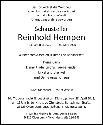Traueranzeige von Reinhold Hempen von Nordwest-Zeitung