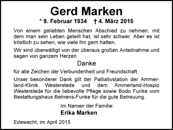 Traueranzeige von Gerd Marken von Nordwest-Zeitung