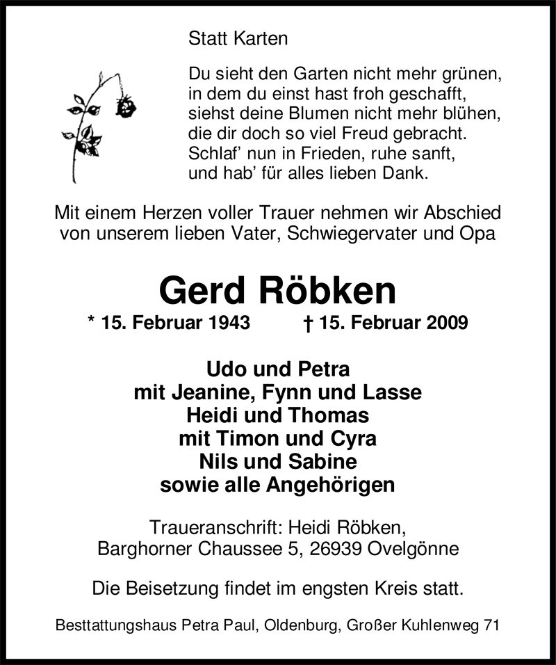  Traueranzeige für Gerd Röbken vom 19.02.2009 aus Nordwest-Zeitung