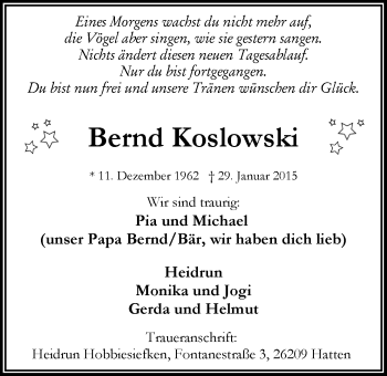 Traueranzeige von Bernd Koslowski von Nordwest-Zeitung