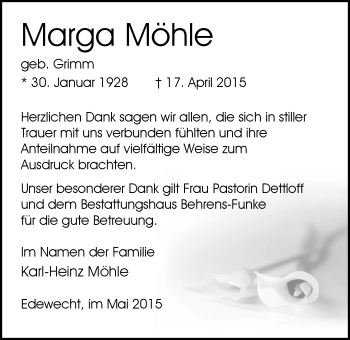 Traueranzeige von Marga Möhle von Nordwest-Zeitung