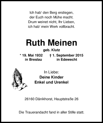 Traueranzeige von Ruth Meinen von Nordwest-Zeitung