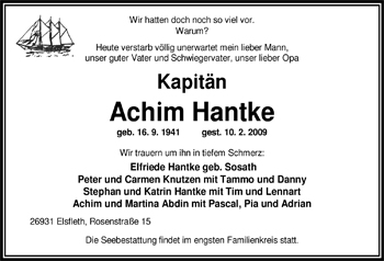 Traueranzeige von Achim Hantke von Nordwest-Zeitung