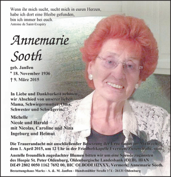 Traueranzeige von Annemarie Sooth von Nordwest-Zeitung