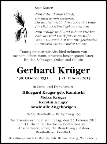 Traueranzeige von Gerhard Krüger von Nordwest-Zeitung