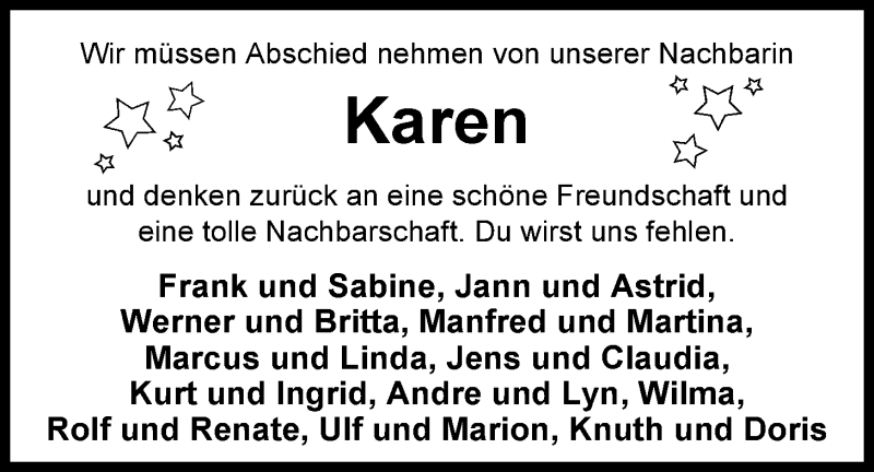  Traueranzeige für Karen Dußler-Steinforth vom 30.12.2014 aus Nordwest-Zeitung