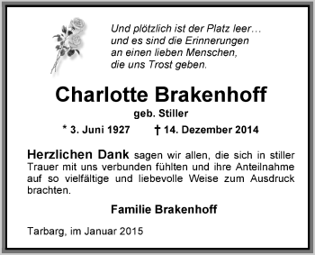 Traueranzeige von Charlotte Brakenhoff von Nordwest-Zeitung