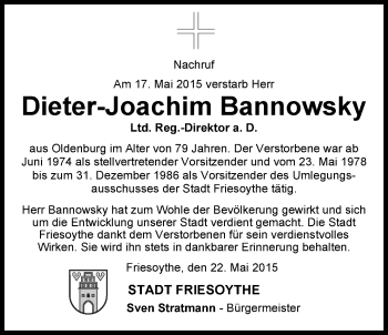Traueranzeige von Dieter-Joachim Bannowsky von Nordwest-Zeitung